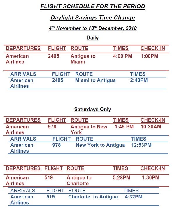 Antigua News AA Flight Schedule October December, 2018